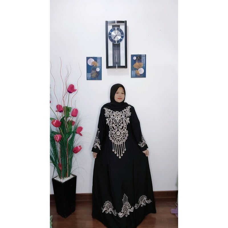 580#Abaya wanita hitam bahan katun minyak mix bordir + mutiara#Ld 110 Pj 138#