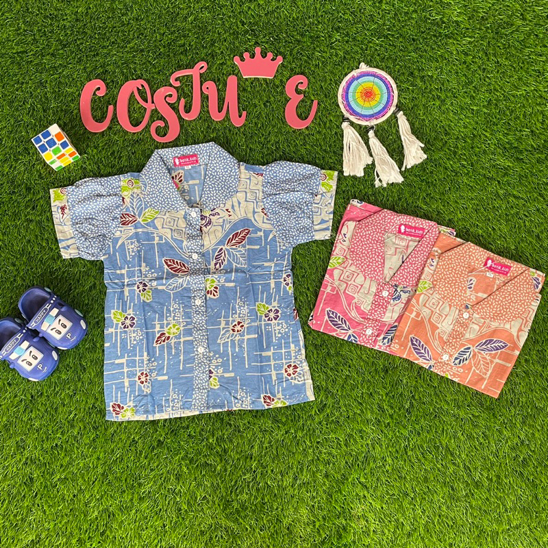 Batik Costume Blus Batik Anak Bunga Biru Salem Pink Atasan Batik Anak Sekolah Bagus Bahan Ktun Soft 