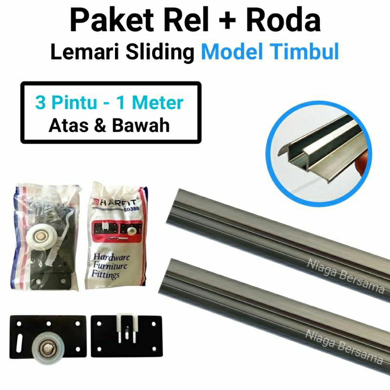 Rel Sliding Timbul 3 Pintu 1 Meter Plus Roda Paket 3 Pintu Lemari Geser