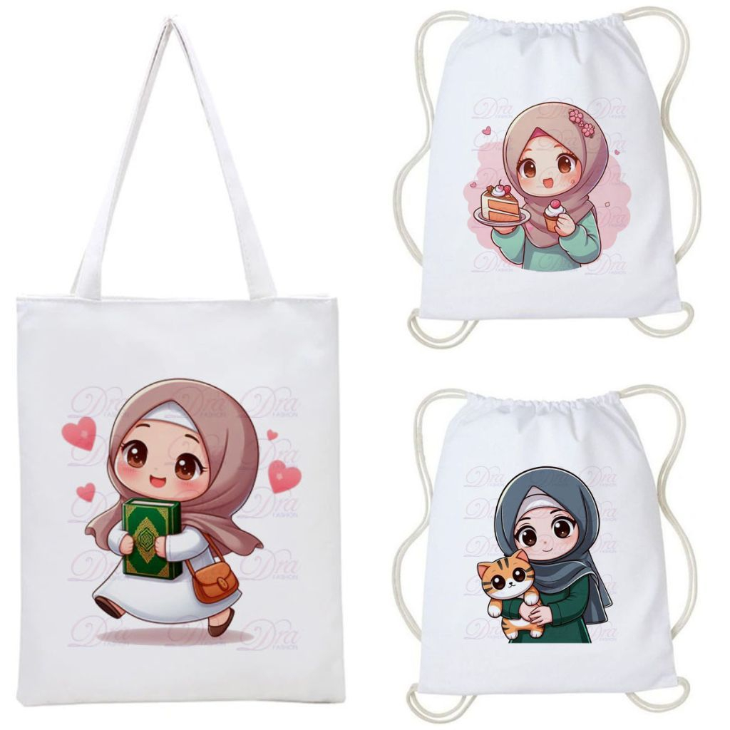 Totebag Tote Bag Hijab Hijabers Islami Anime Fanart Lucu Tas Serut Ngaji Kanvas Wanita Aesthetic