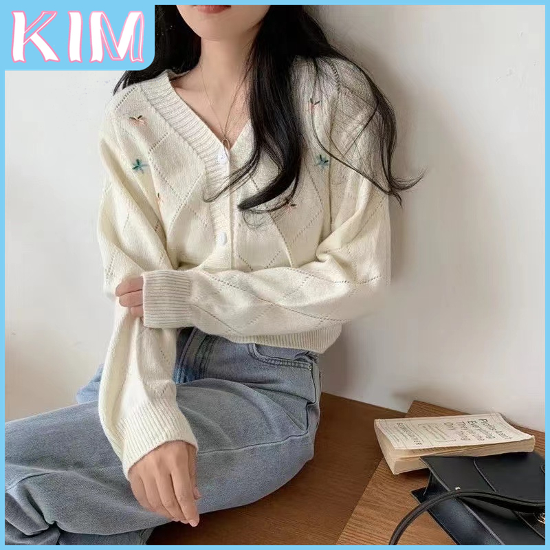 QH KIM Cardigan Rajut Motif Wanita Bunga Outer Knit Motif Blossom Outer Knit Rajut Lengan Panjang