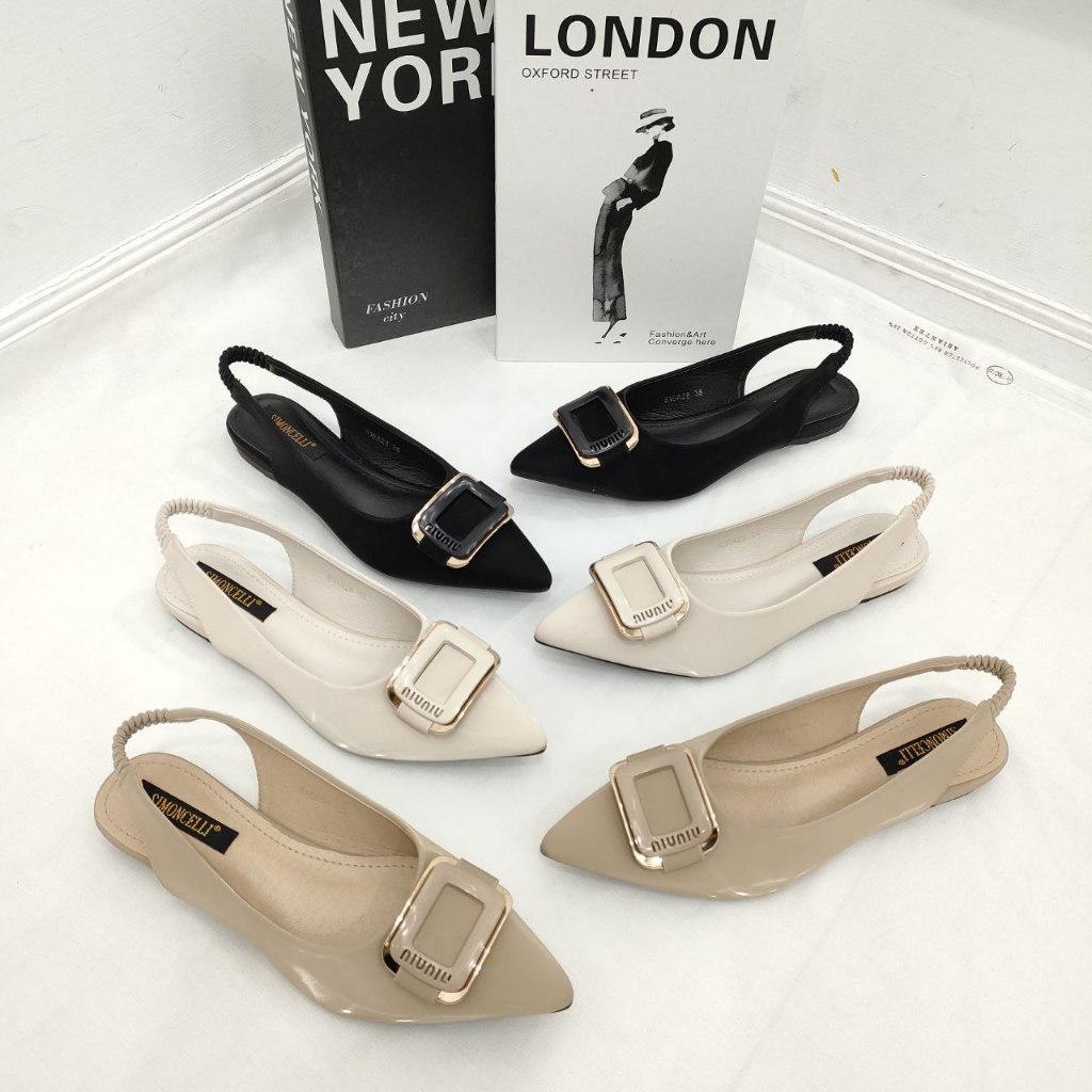 Simoncelli Sepatu Flat Tali Belakang Wanita Mutiara Import Polos Hitam Black Khaki Apricot Remaja Ce