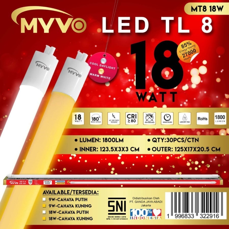 LAMPU TL LED T8 120CM 18 WATT MYVO CAHAYA PUTIH DAN KUNING
