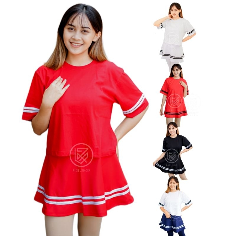 Setelan Crop Stripe Hitam Rok Stripe Hitam Wanita Kasual Olahraga Gym Zumba Line Dance Setelan Rok K