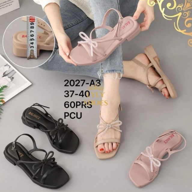 KKY- Sandal Selop Slop Sendal Wedges Tali Silang Balance Cantik Kekinian Hak Pita Bling Bling Glitte