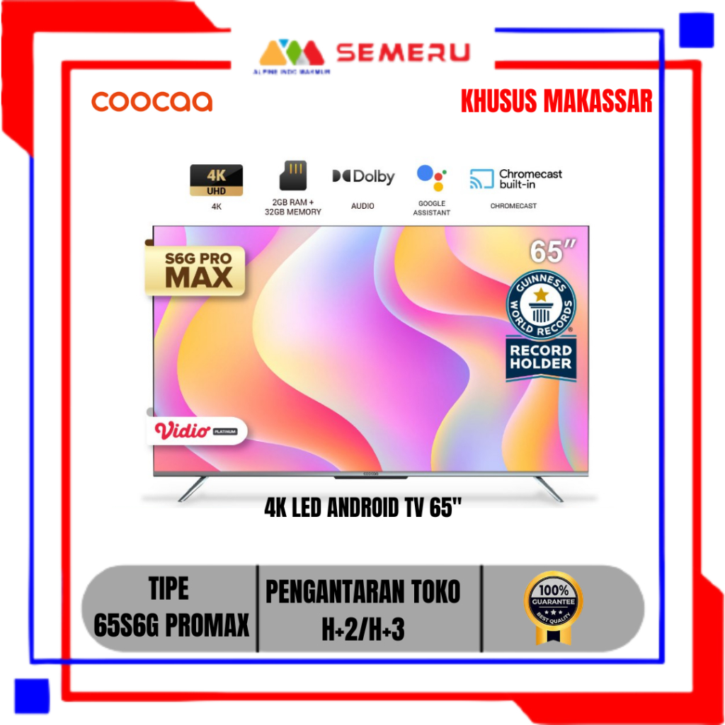 COOCAA 65 INCH 65S6G PROMAX  LED ANDROID TV  -  Smart TV -Digital TV  - 4K - UHD - Netflix/Youtube -
