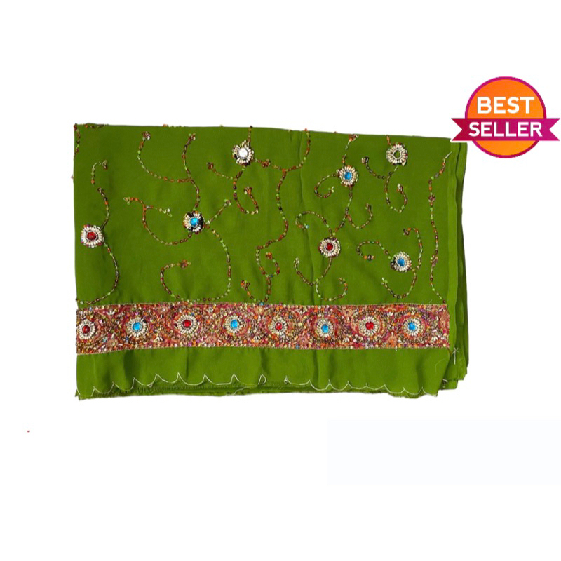 KAIN SAREE HIJAU SULAM TIMBUL 6 METER KAIN SARI INDIA