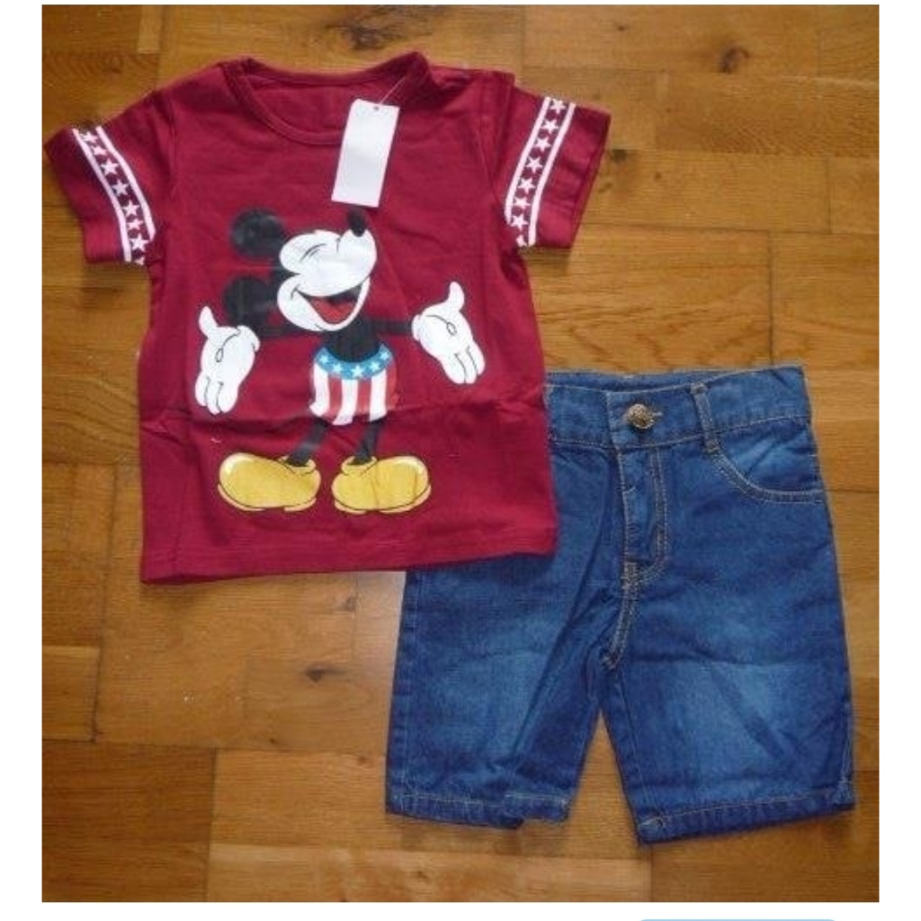 Setelan Mickey Merah/ Setelan Anak Laki-laki/ Kaos Mickey Mouse