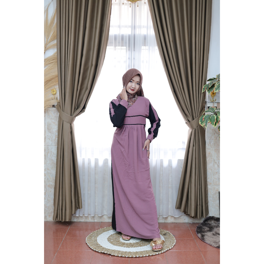 Abaya Baju Muslim Gamis Crinkle Premium Midi Dress Korea Muslim Wanita Style Lebaran Terbaru 2024 Warna Ungu Lavender