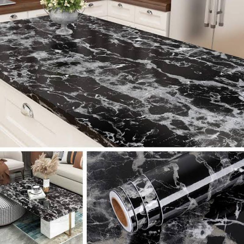 Wallpaper marmer hitam premium super glossy untuk pelapis meja lemari lantai keramik dinding dapur a