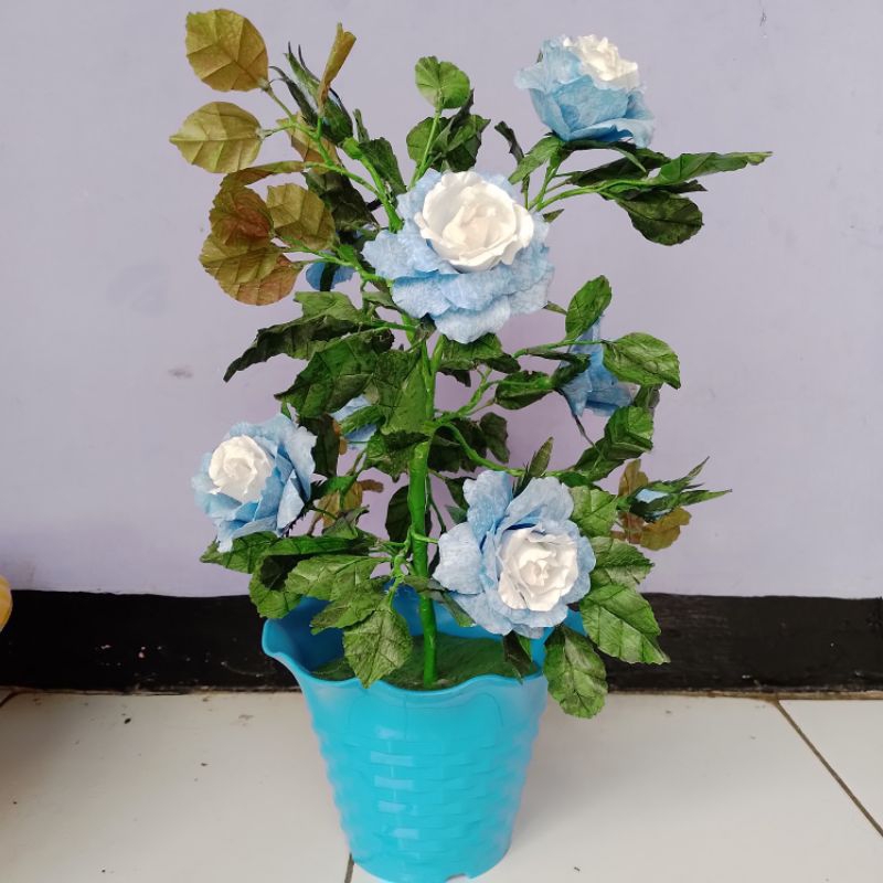 [Bunga Plastik Kresek] Bunga Kerajinan Tangan Bunga Mawar Biru Putih