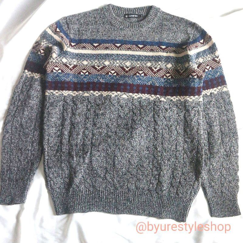HANGTEN Motif Cable Knitwear Navajo Kepang Grey Abu Sweater Crewneck Rajut