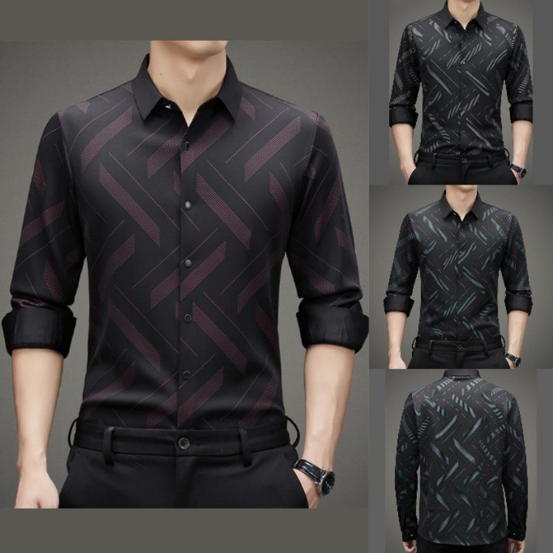 K7 M-4XL Kemeja pria impor baju pesta pria baju kondangan pria kemeja hitam motif unik