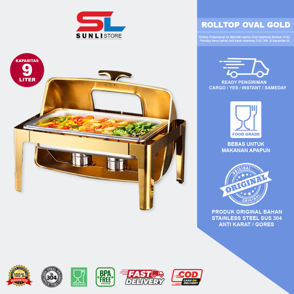 SUNLI - Roll top prasmanan Oval kaca Gold kapasitas 9L | Roll Top Chafing Dish Stainless Steel Premi