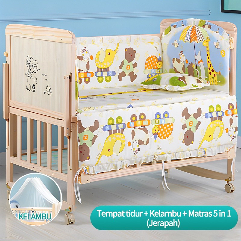 Tempat Tidur Bayi Kayu Kasur Baby Set Kelambu Bayi Box Ranjang Bayi Kayu Tempat Tidur Ayunan Multifu