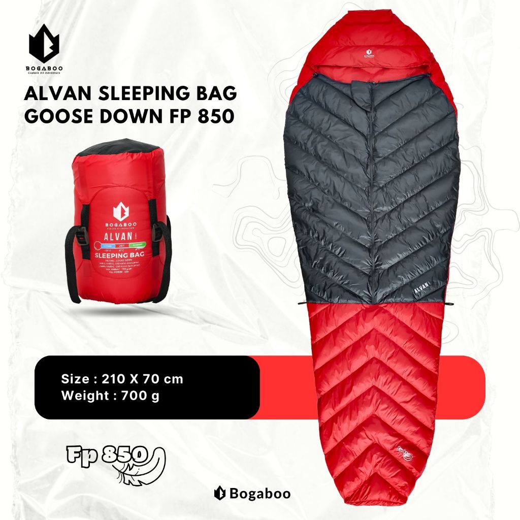 Sleeping bag goose down BOGABOO ASLI BULU ANGSA 100 % insulated waterproof 3 layer fill power 850 - 