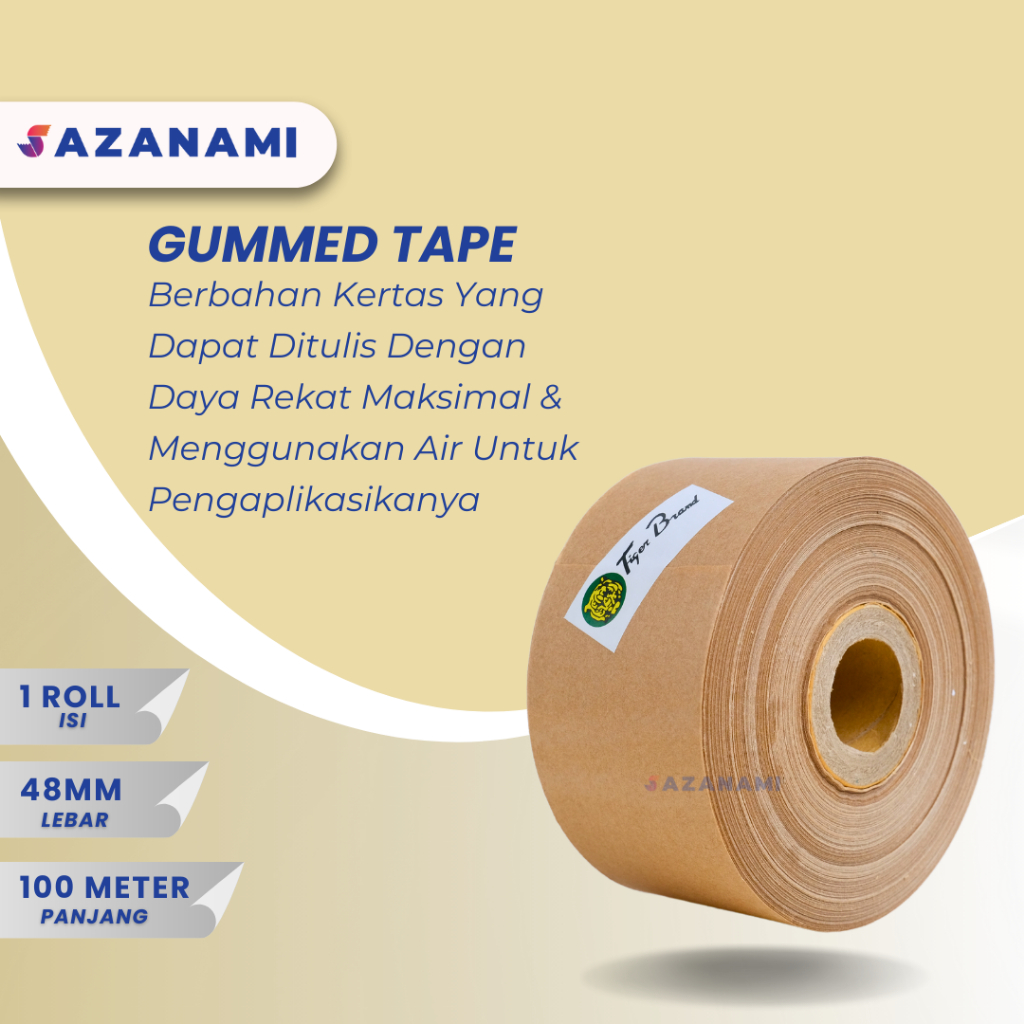 Lakban Air 2" Inch x 100M Gummed paper craft Tape Tiger Kraft 1 ROLL