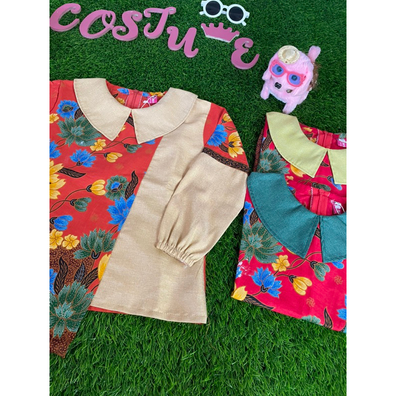 DISKON BATIK COSTUME BLUS BATIK ANAK SEKOLAH LENGAN PANJANG CEWEK MERAH BATA BAGUS BERKERAH SIMPLE