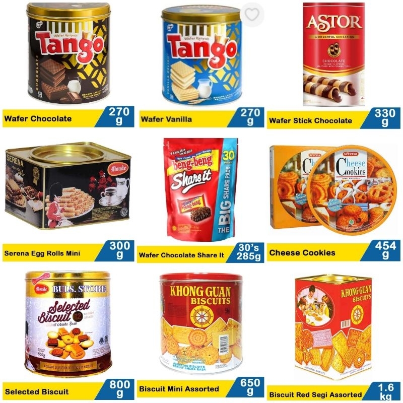 

Khong Guan Kaleng 650G / inaco timba / inaco ember / royal kaleng / nabati kaleng / gery ember / gery timba / nissin kaleng / wafello kaleng / roma kaleng / astor kaleng / good time kaleng / monde kaleng / imperial kaleng / tango kaleng / oreo / beng-beng