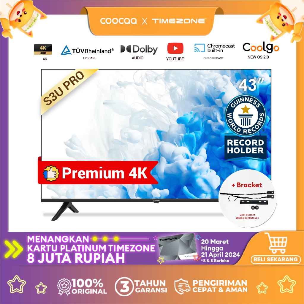 [+ BRACKET] COOCAA 43 inch S3U PRO - Smart TV - Digital TV - 4K - UHD - Dolby Audio - Youtube - Mirroring - Boundless -Browser - WIFI - HD - USB/AV/LAN - HDR10 (COOCAA 43S3U PRO)