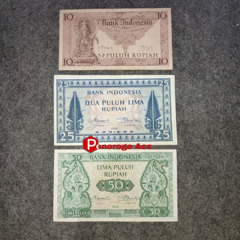 Paket uang kuno seri budaya 10 rupiah 25 rupiah 50 rupiah budaya tahun 1952 25 kebudayaan 50 kebudayaan