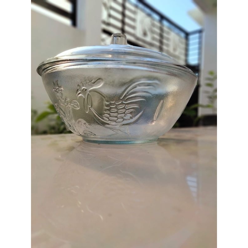 mangkok kaca motif timbul ayam jago