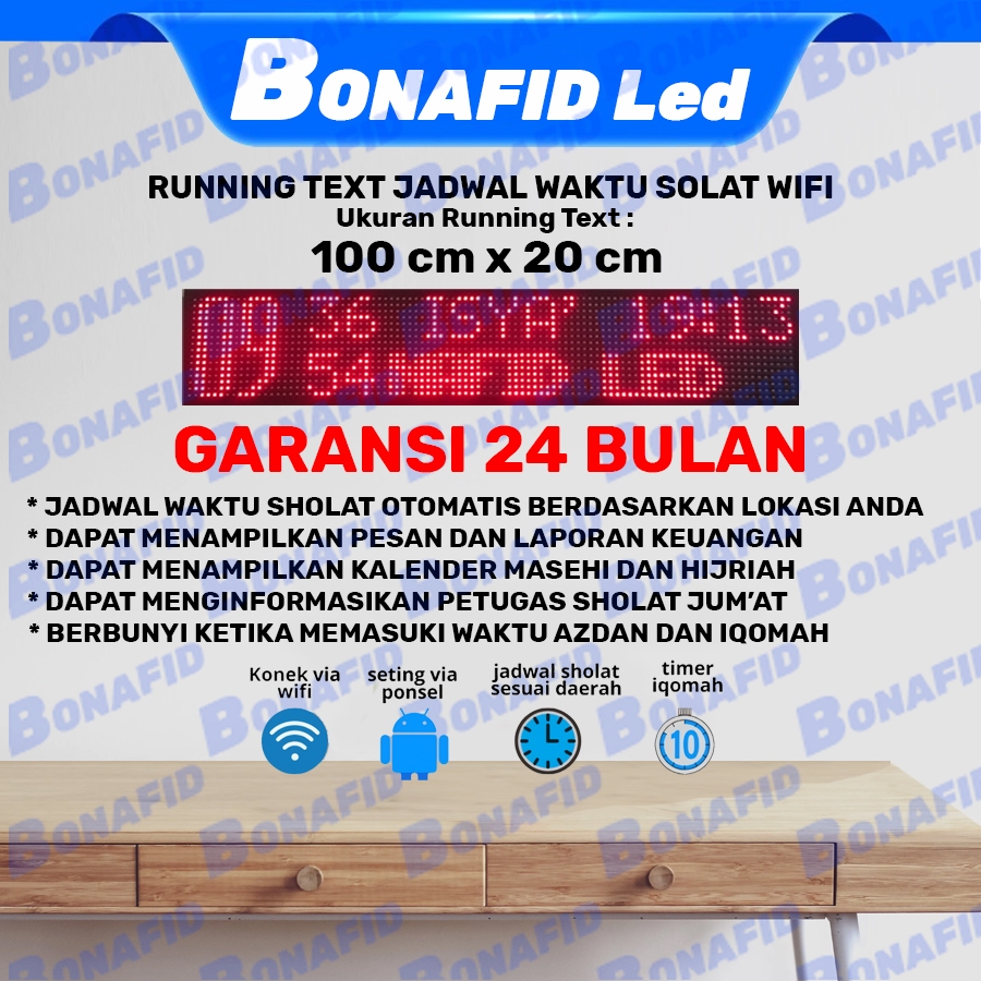 Jadwal Sholat 1m x 20cm merah Bisa Auto Tartil