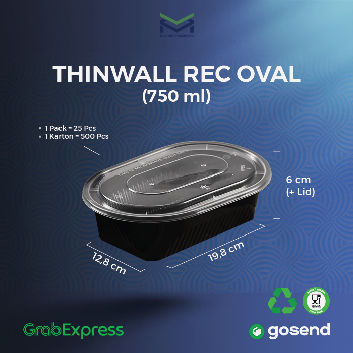 Lebih Hemat 500 Pcs - Thinwall Rectangle Oval 750ml - Kotak Makan Plastik Rectangle Oval - Thinwall 