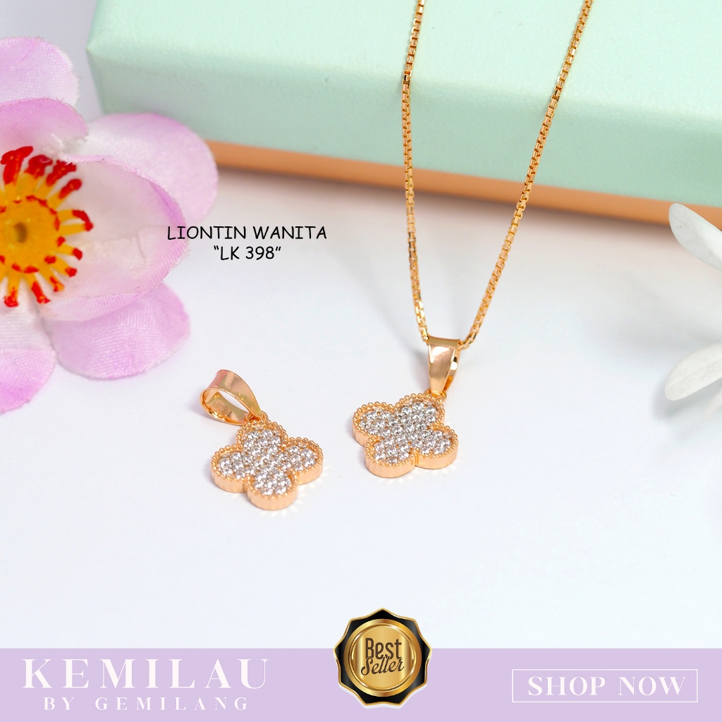 LIONTIN EMAS ASLI MODEL CLOVER FULL MATA BATU KADAR 6K (300) DAN 8K (375) KEMILAU FASHION (LK - 398)