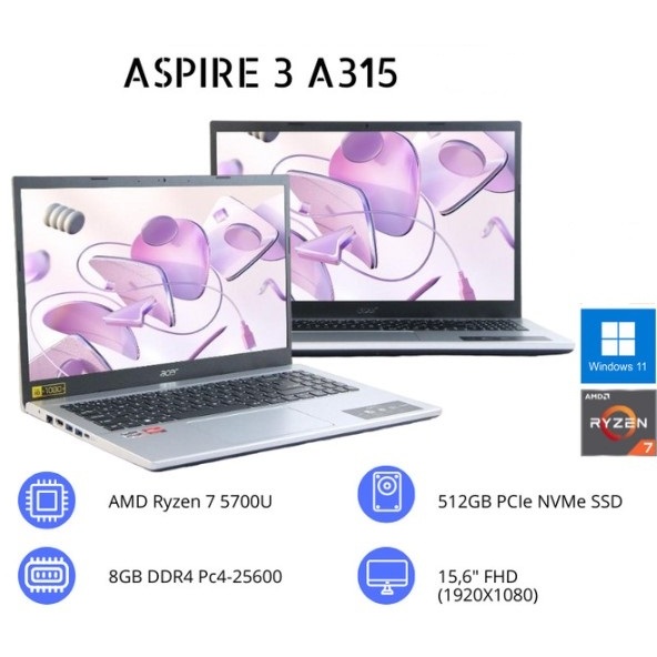 Laptop Acer ASPIRE 3 A315-44P Ryzen 7 5700U 8GB 512GB W11 15.6FHD