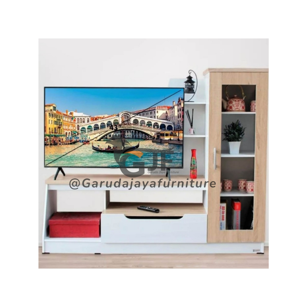 [TERBARU] LEMARI TV LETTER L PINTU KACA / MEJA TV LETTER L CREAM PUTIH