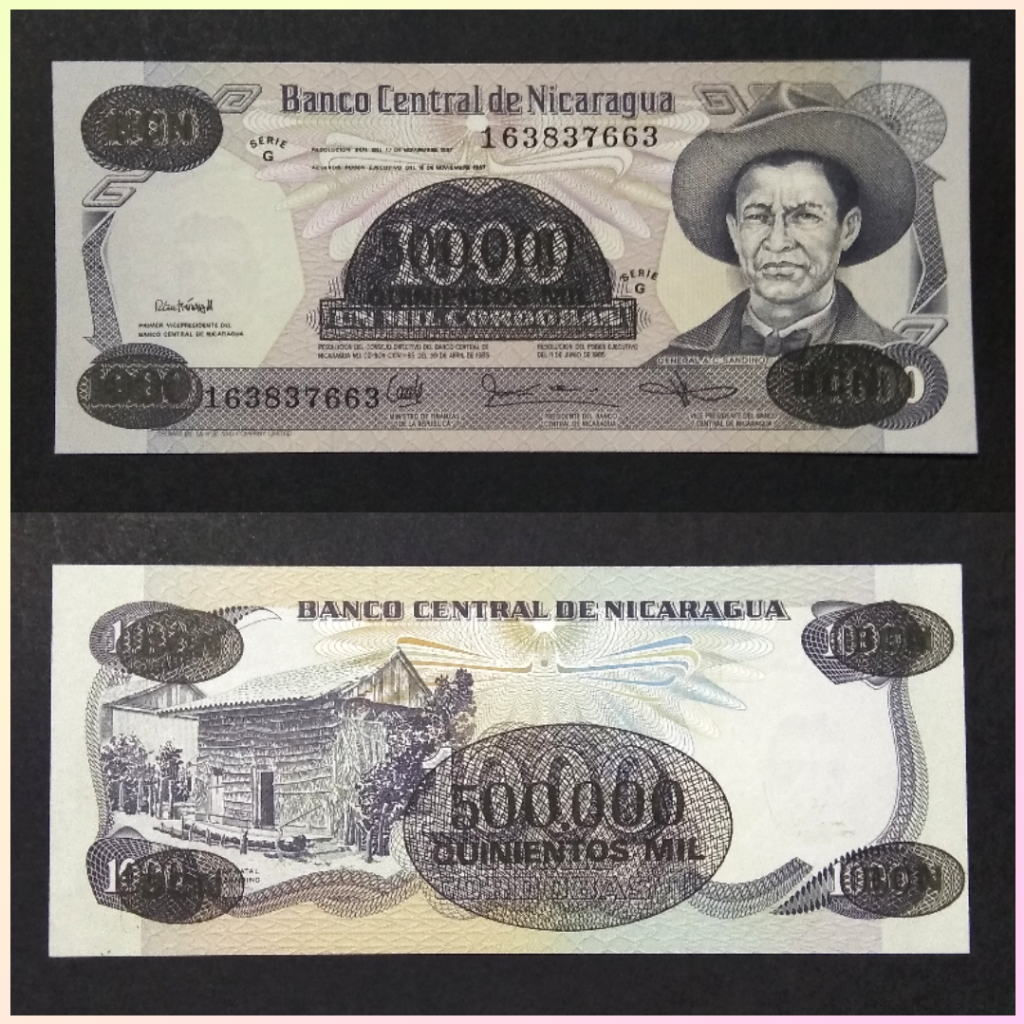 Uang Nicaragua 500000 Cordobas 1987 Overprinted