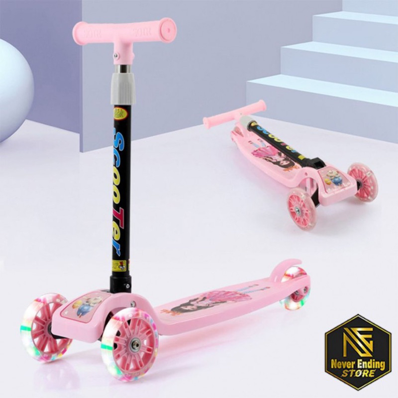 Scooter Otoped Skuter Anak Warna Lampu Led Ban Menyala Balita Murah Pink Biru Hijau