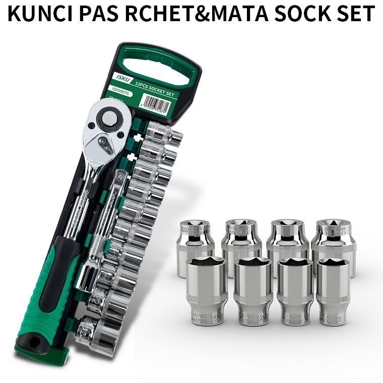 Wg ISKU Kunci Sok Set CRV 12 PCS Kunci Sok Wrench 12 Rachet alat perkakas lengkap motor
