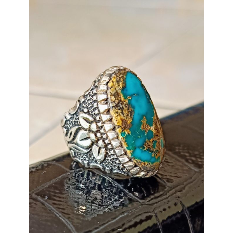 Cincin Perak Pirus Persia Urat Emas
