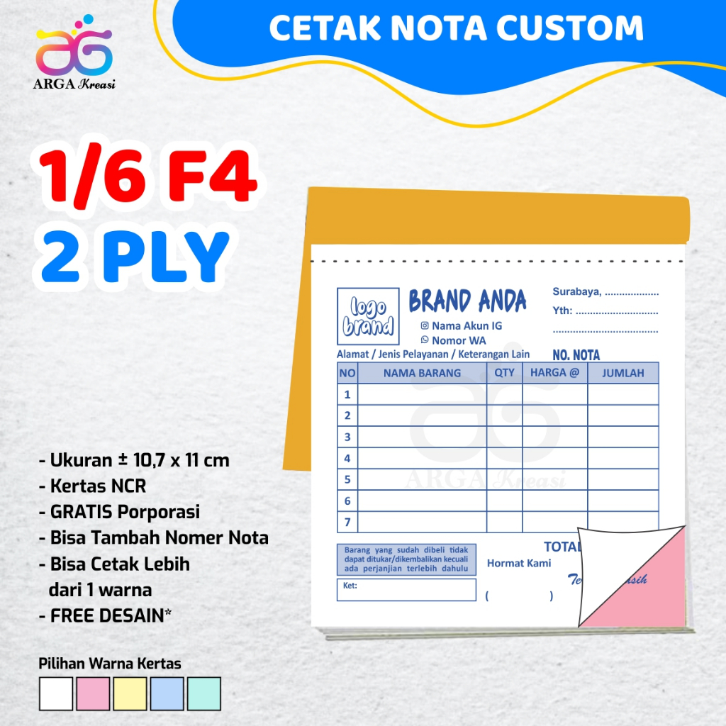 

Cetak Nota Custom 2 Ply 1/6 F4 Bon Toko Olshop Laundry Kwitansi NCR Rangkap 2