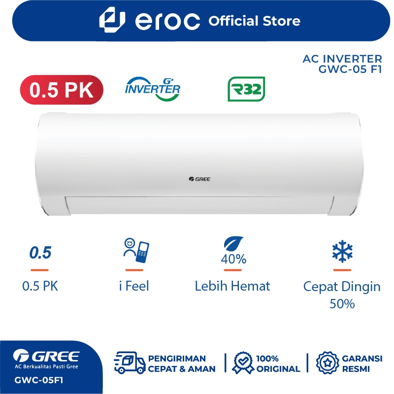 AC GREE 1/2PK- Inverter 1/2 PK - GWC-05F1(S) - F1S Series- White Pearl (Unit Indoor &amp; Outdoor)