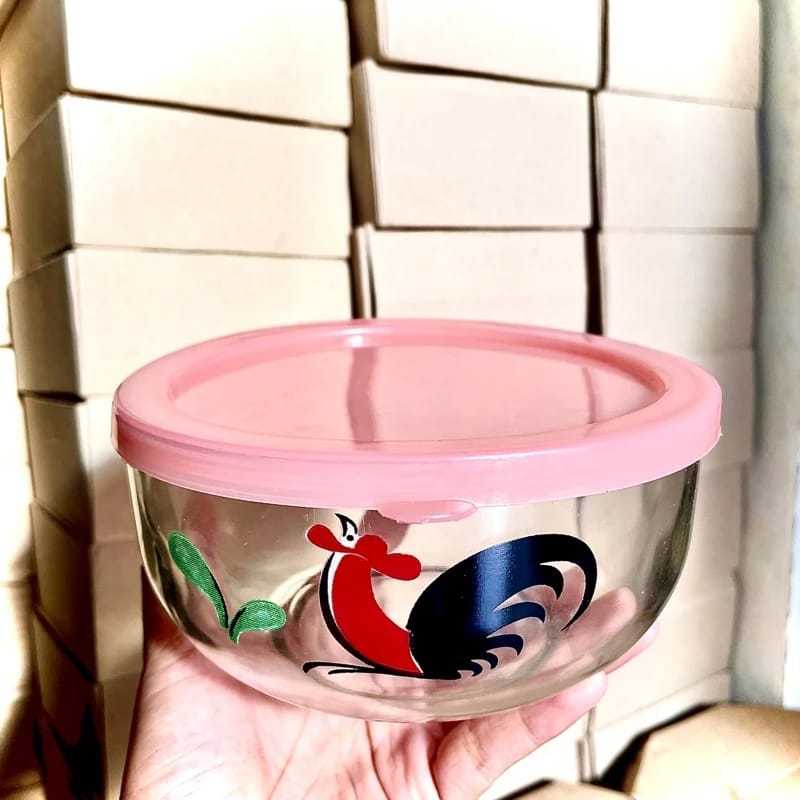 MANGKOK KACA AYAM JAGO + TUTUP (1SET 2PCS)