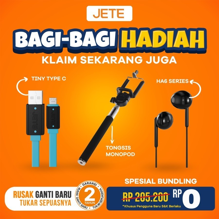 Bundling Headset JETE HA6 + Tongsis Monopod + Kabel JETE Tiny Type C