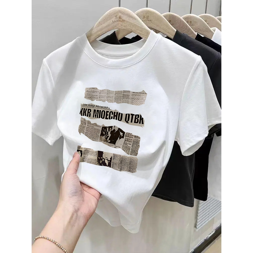 XiaoZhaiNv baju atasan wanita terbaru cetakan Amerika Kaos Wanita Lengan Pendek Gaya Korea | Kaos Cr