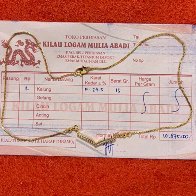 Kalung Emas Permata puji Gold berat 15gram ada surat dari toko