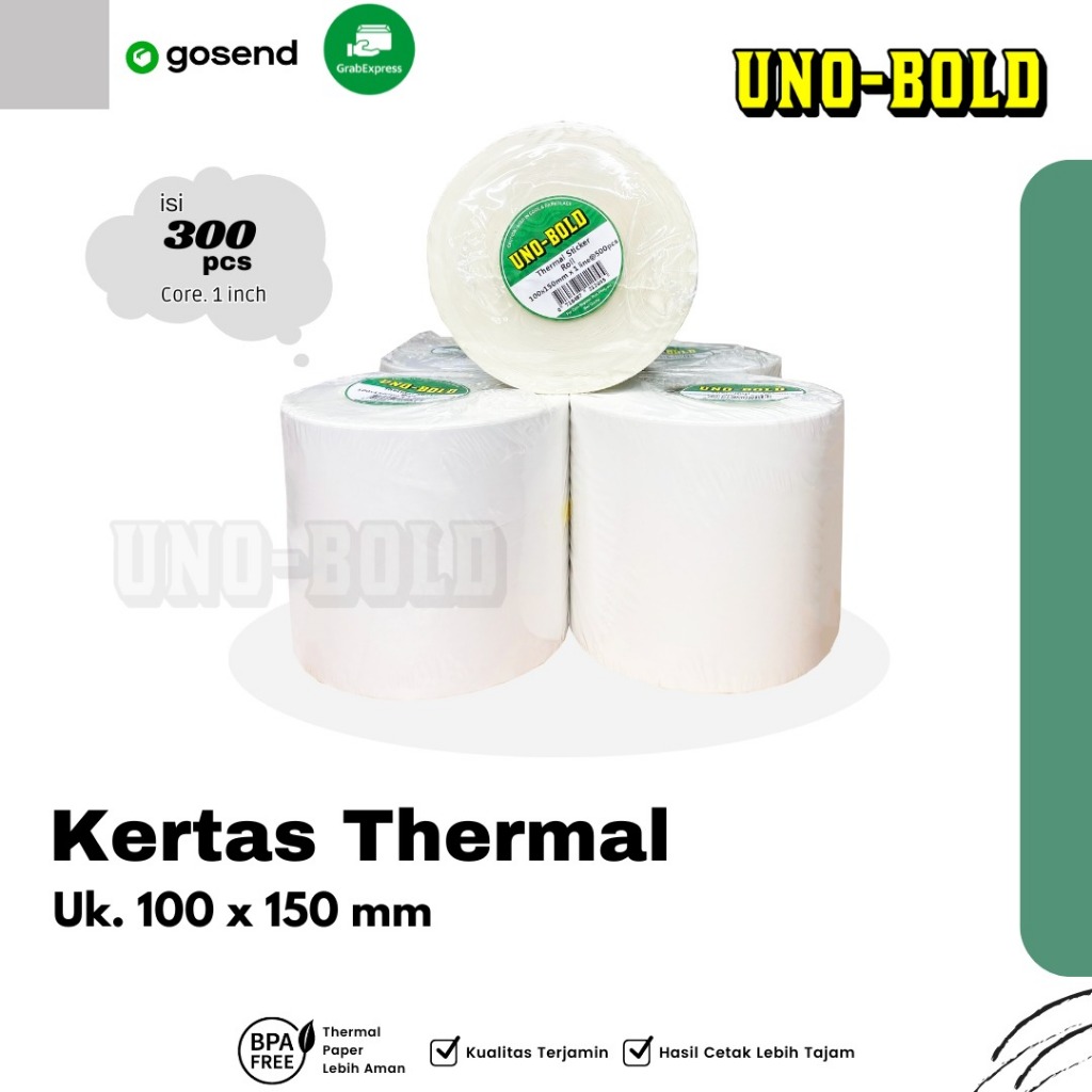 

KERTAS STICKER THERMAL UNO-BOLD 100x150 mm 300 LEMBAR / LABEL THERMAL / STICKER LABEL THERMAL RESI 300 LEMBAR