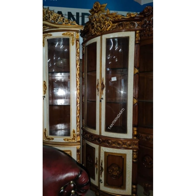LEMARI SUDUT 2 PINTU KAYU JATI JEPARA LIS GOLD