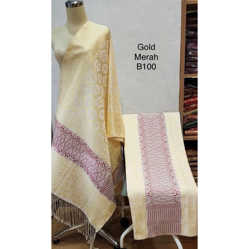 Songket Medan Tumtuman Tarutung Tanpa Sambungan Warna Gold Merah B100