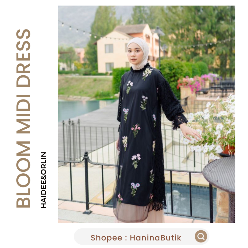 (𝗦𝗜𝗔𝗣 𝗞𝗜𝗥𝗜𝗠) BLOOM MIDI DRESS BLACK by HAIDEE&ORLIN | RAYA SERIES