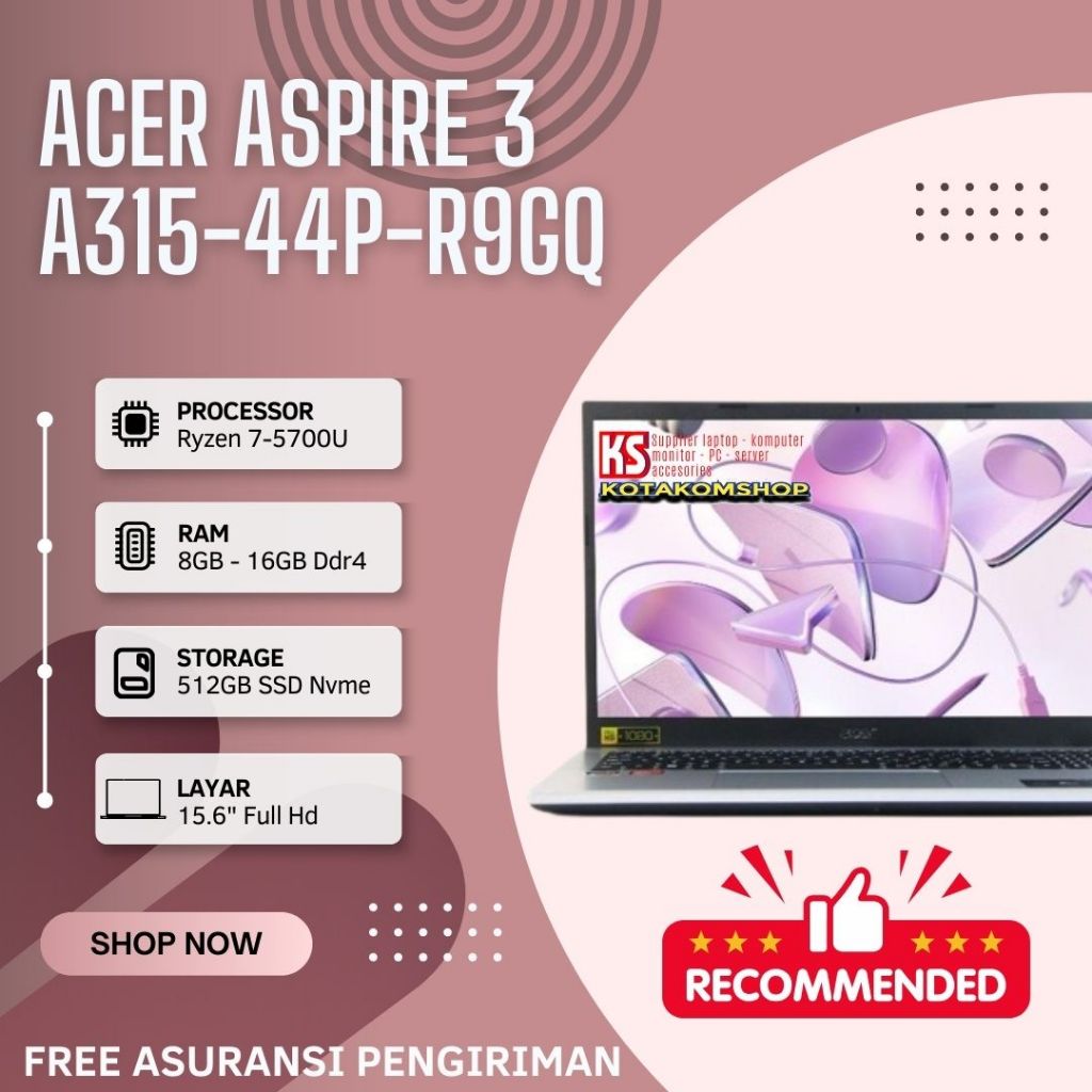 Laptop GAMING Acer Aspire 3 A315-44P-R9GQ Ryzen 7 5700U Ram 16Gb Ssd 512Gb 15.6" Full Hd