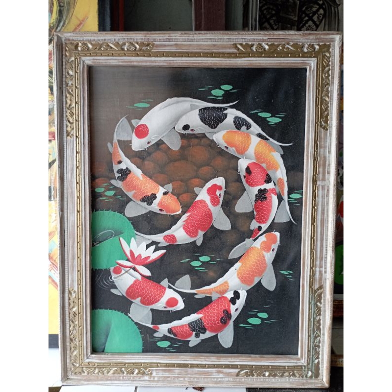 Lukisan Ikan Koi Plus Bingkai Ukiran Bali