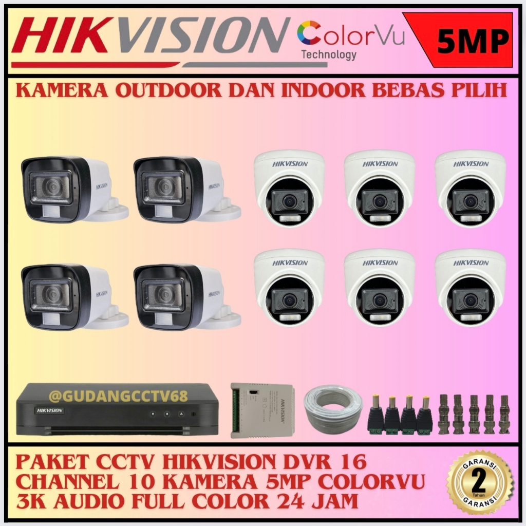 Paket CCTV HIKVISION 16 Channel 10 Camera HIKVISION 5MP Colorvu 3K Full Colour AUDIO SERIES Komplit