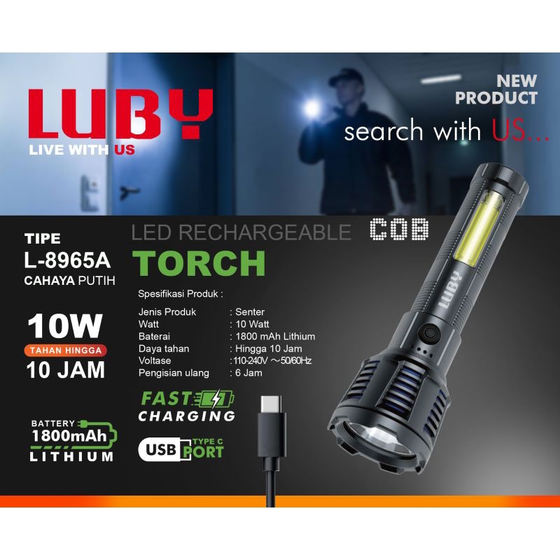 LUBY SENTER TANGAN L-8965A 10W CAHAYA PUTIH RECHARGEABLE CAS BAGUS
