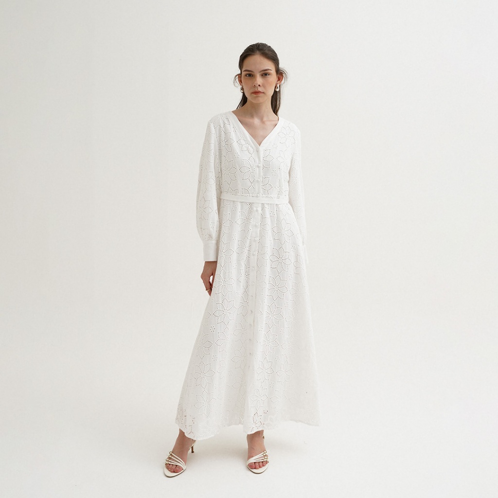 Queensland Puff Sleeves Eyelet Dress Lengan Panjang I31000110Q Putih